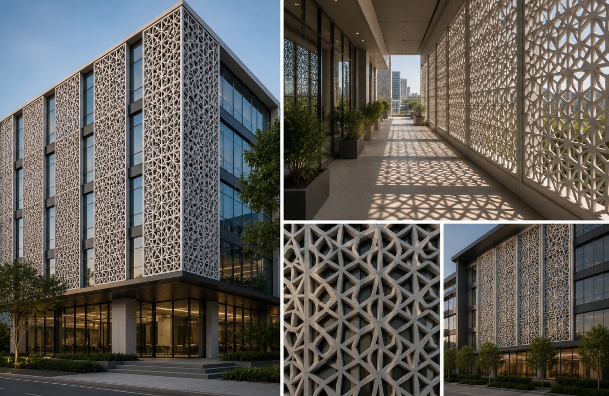 GRC jali for building façade providing privacy light and airflow