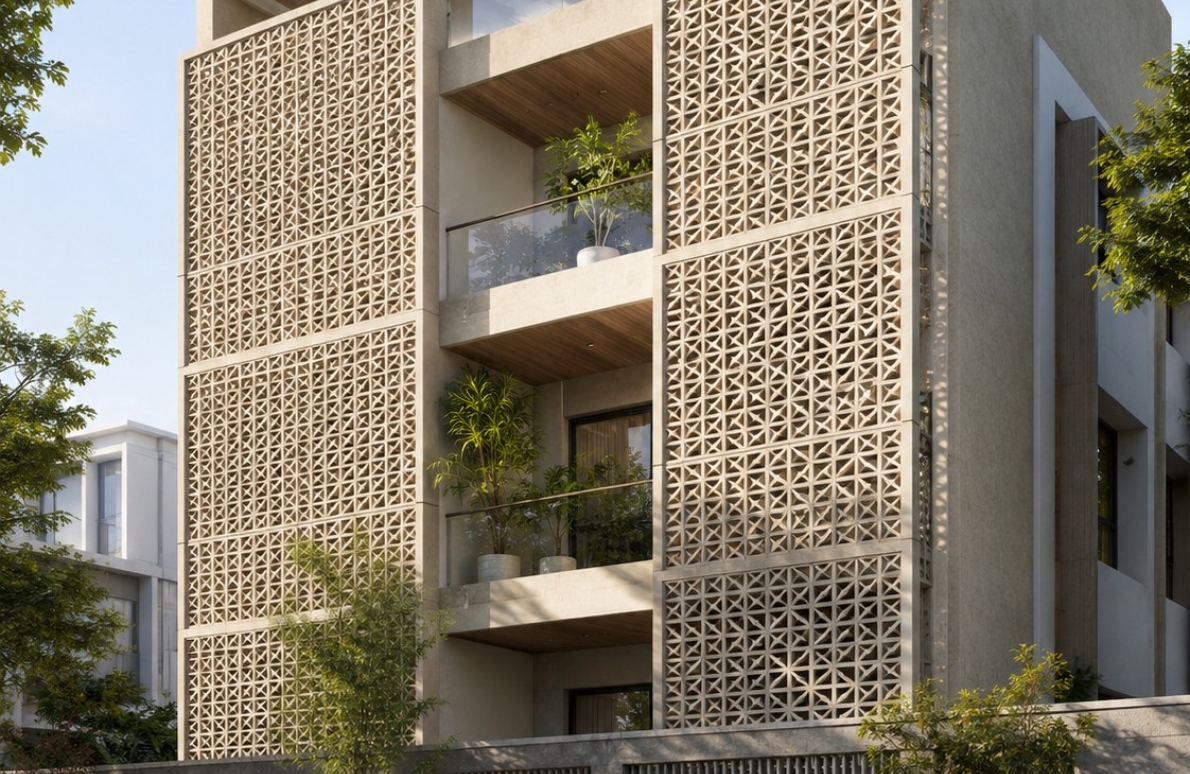 Custom GRC jalis for building elevation design and installation